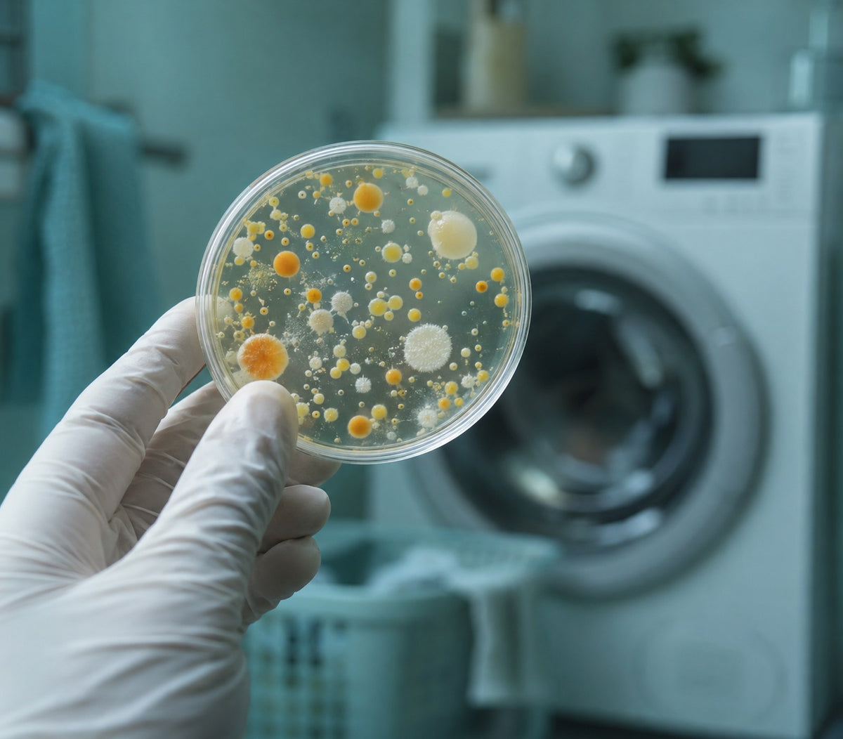 Gloved hand holding a petri dish of bacterial colonies in front of a washing machine