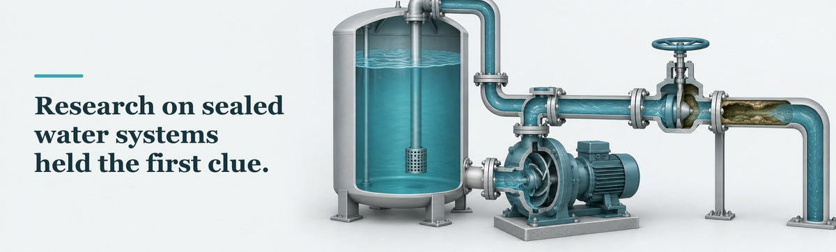 Illustration of a sealed water system with a dark film lining a pipe, with the text: Research on sealed water systems held the first clue.