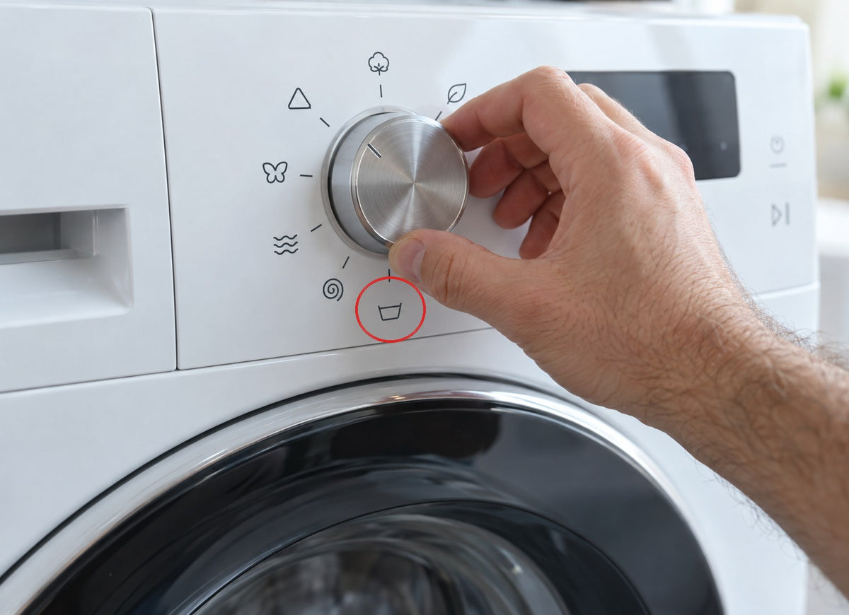 Washer control dial with the drum clean setting circled in red