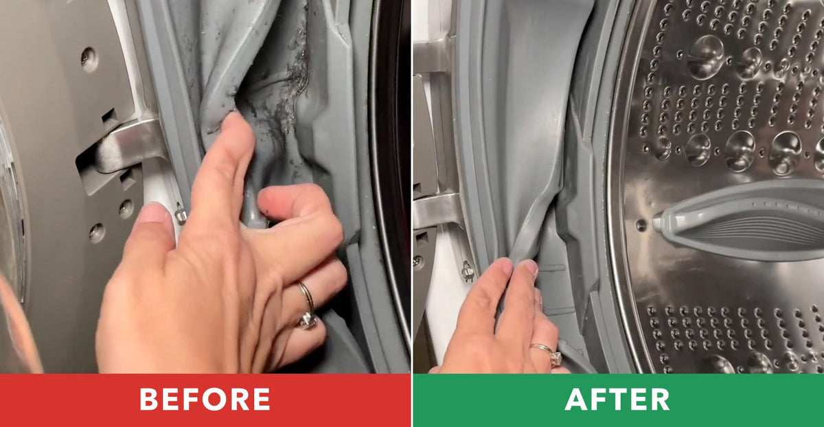 The same washing machine drum and gasket side by side: dirty on the left, labeled Before, and clean on the right, labeled After