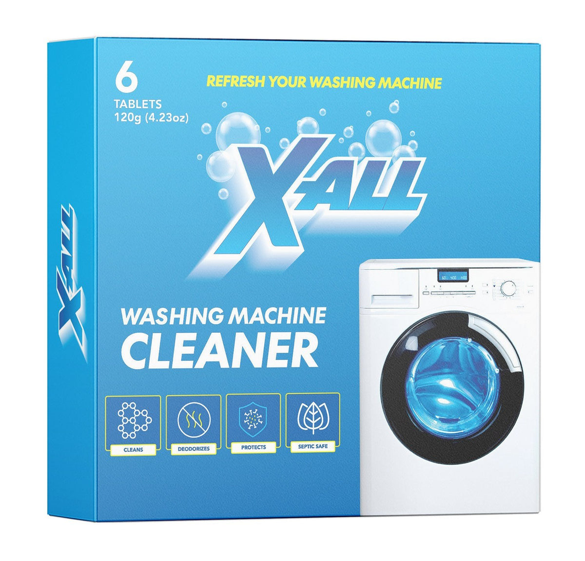 X-All Washing Machine Cleaner box of 6 tablets with a tablet beside it