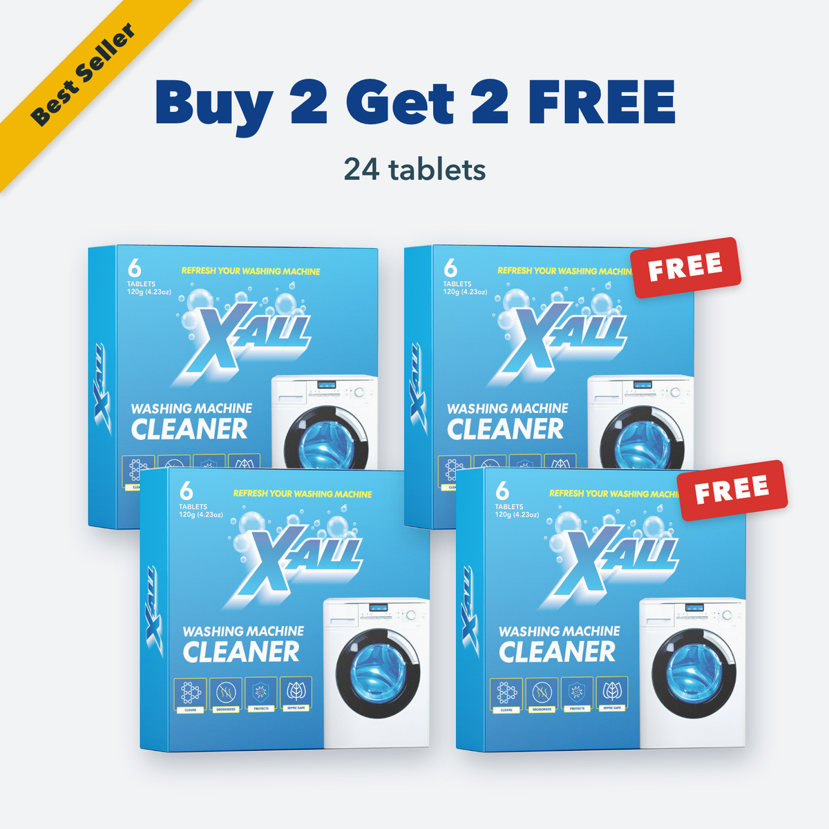 Four X-All Washing Machine Cleaner boxes, two of them tagged FREE, with a Best Seller ribbon and the text: Buy 2 Get 2 FREE, 24 tablets