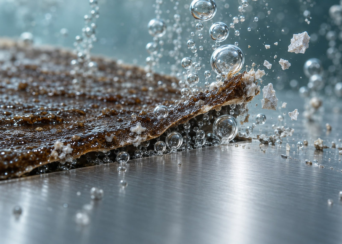 Close-up illustration of oxygen bubbles peeling a dark film off a steel surface as mineral crystals break loose