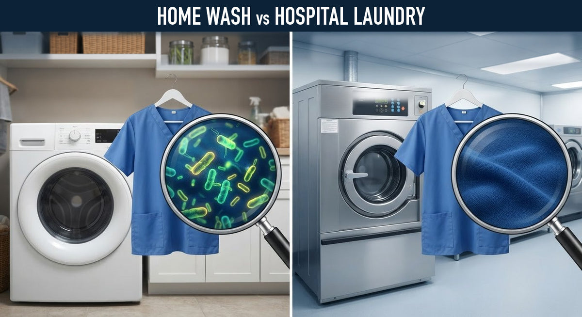 Scrubs washed at home next to scrubs from a hospital laundry, each under a magnifying glass
