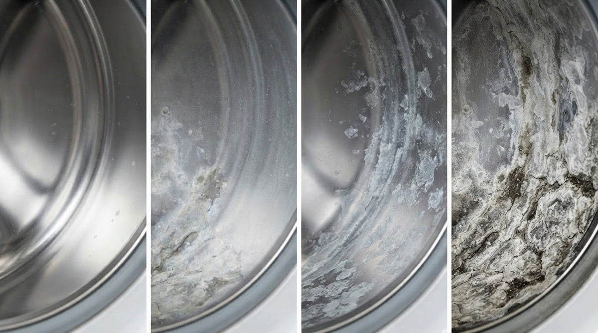 Four panels of a washer drum building up more white crust from left to right