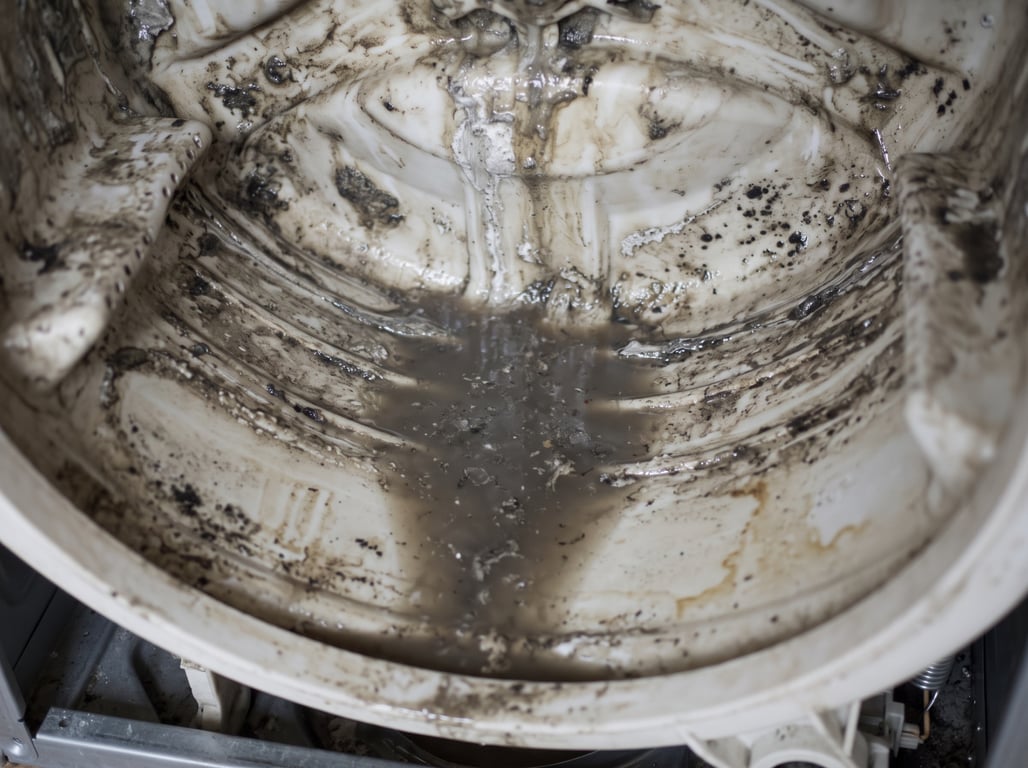 Dark residue streaked along the bottom of a washer tub