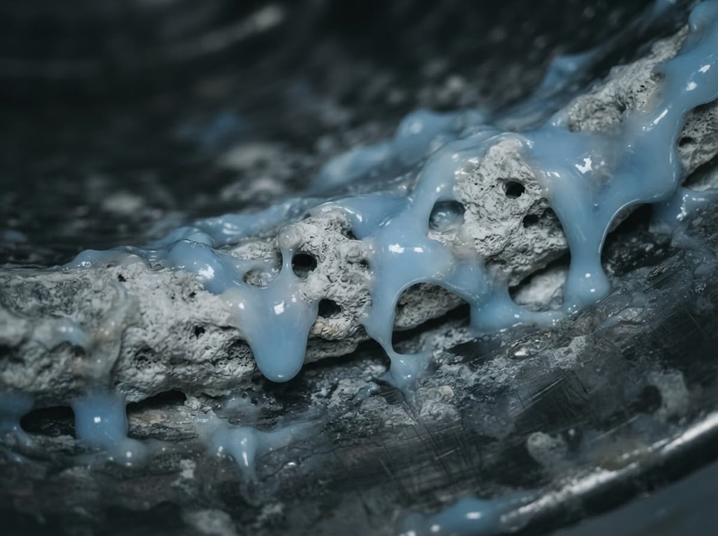 Blue fabric softener clinging to a rough crust of buildup