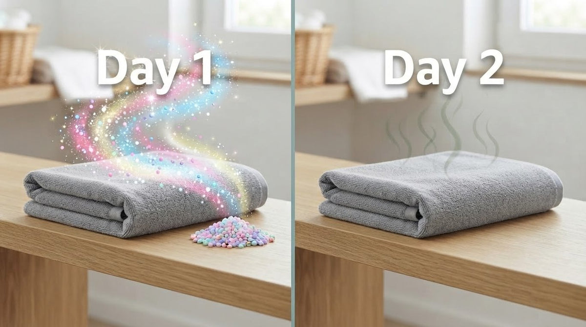 A towel with scent beads on Day 1 and the same towel smelling stale again on Day 2