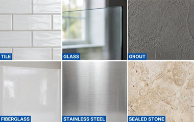 Tile, glass, grout, fiberglass, stainless steel, and sealed stone
