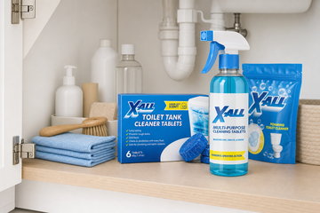 Organized cleaning cabinet with X-All specialists grouped by job