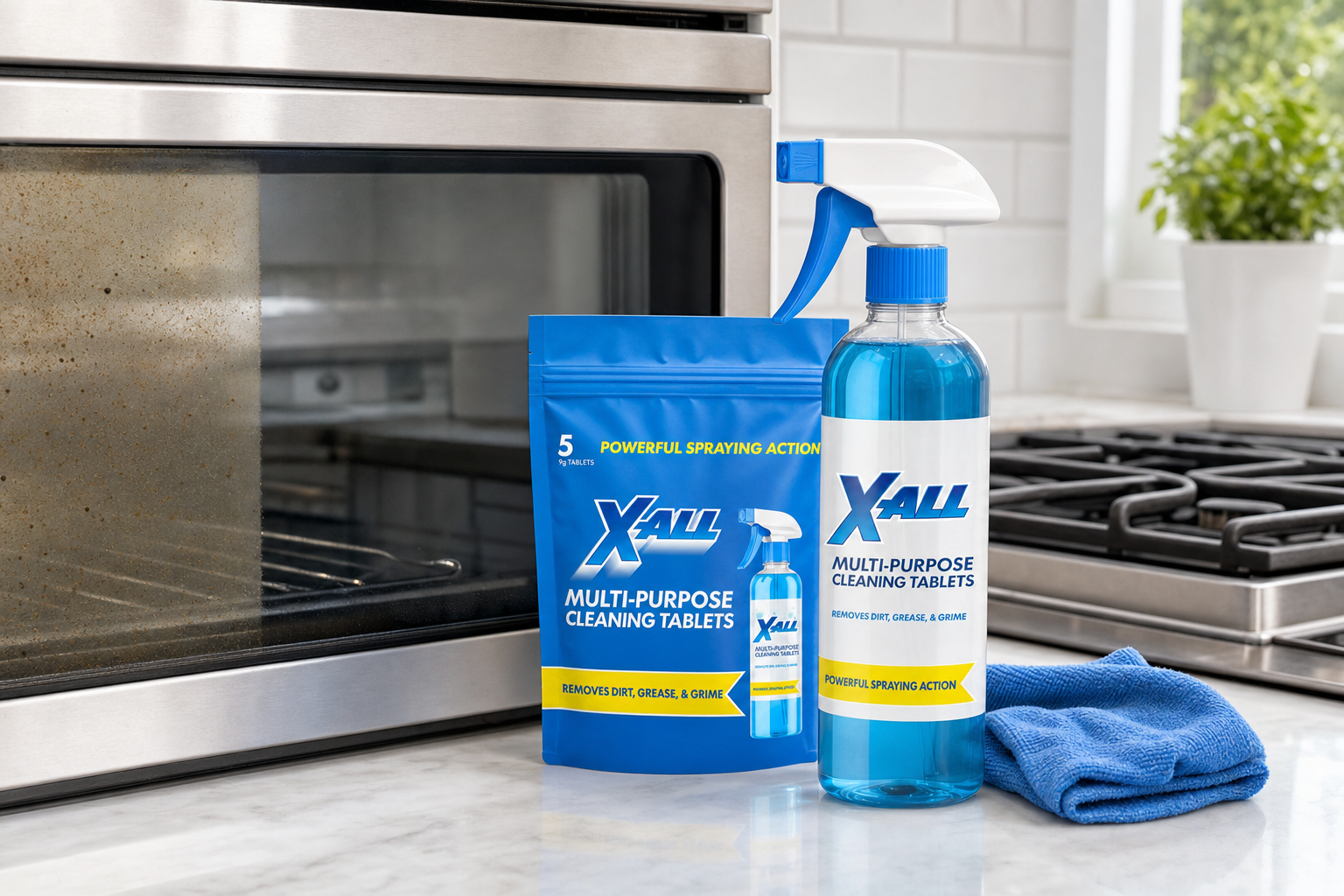 Multi-Purpose Spray beside a stovetop with baked-on grease