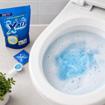 Foaming Toilet Cleaner beside a toilet bowl during a cleaning routine