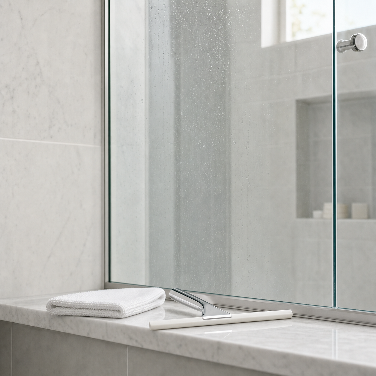 A microfiber cloth and nonabrasive squeegee beside wet shower glass