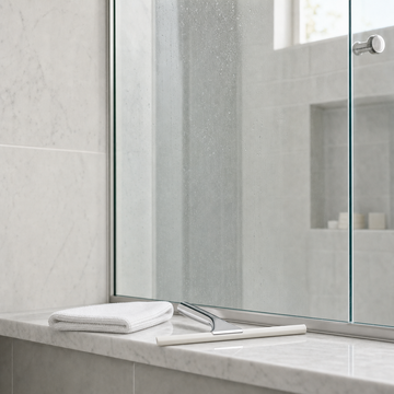 A microfiber cloth and nonabrasive squeegee beside wet shower glass