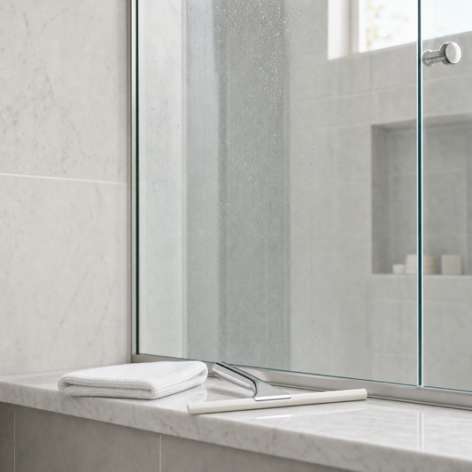A microfiber cloth and nonabrasive squeegee beside wet shower glass