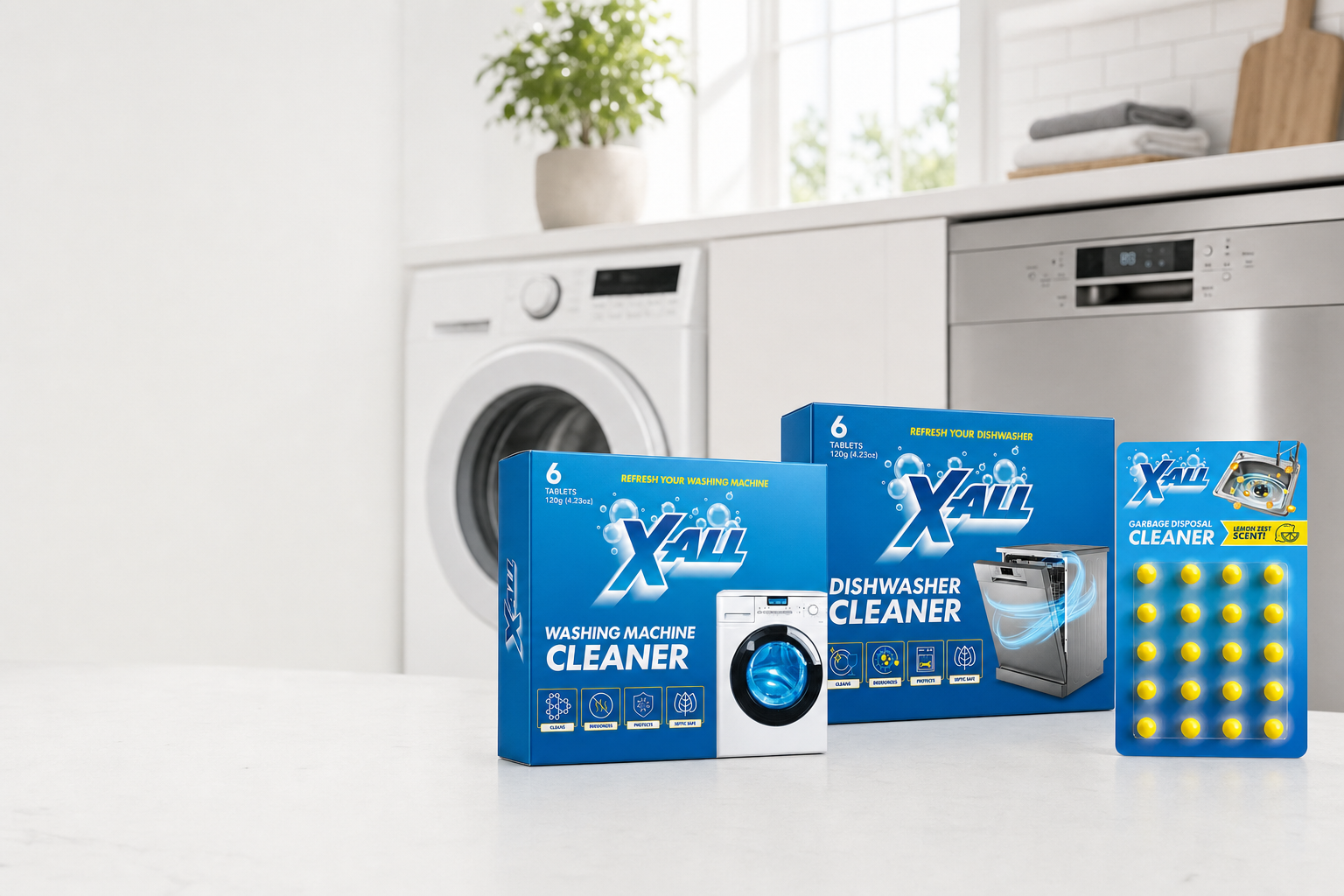 X-All appliance cleaners arranged in front of a washing machine and dishwasher