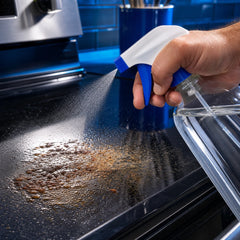 Spraying X-All Multi-Purpose Spray on kitchen grease