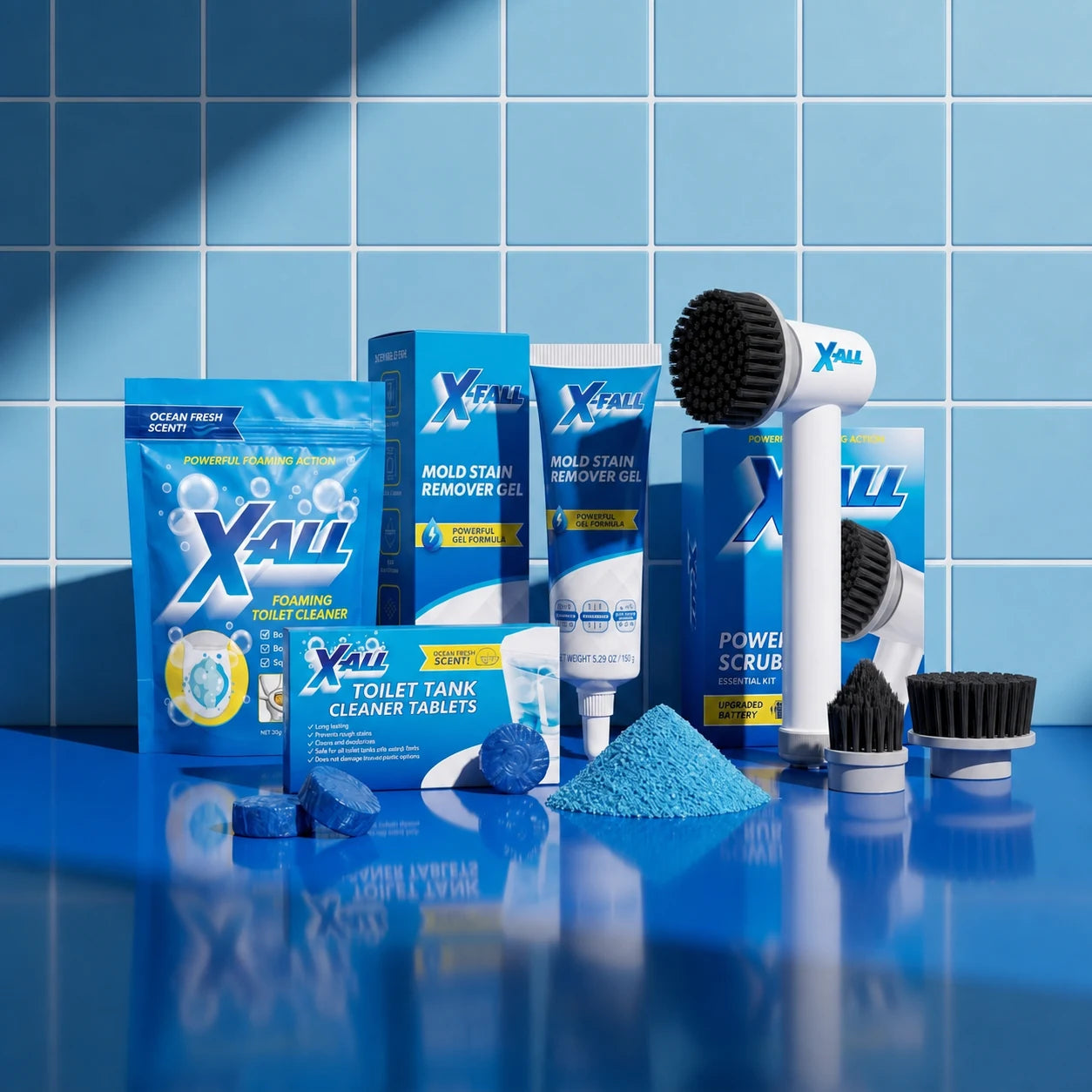 X-All Bathroom Kit product image on blue tile