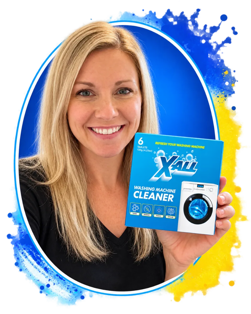 Karen holding up the X-All Washing Machine Cleaner box, 6 tablets