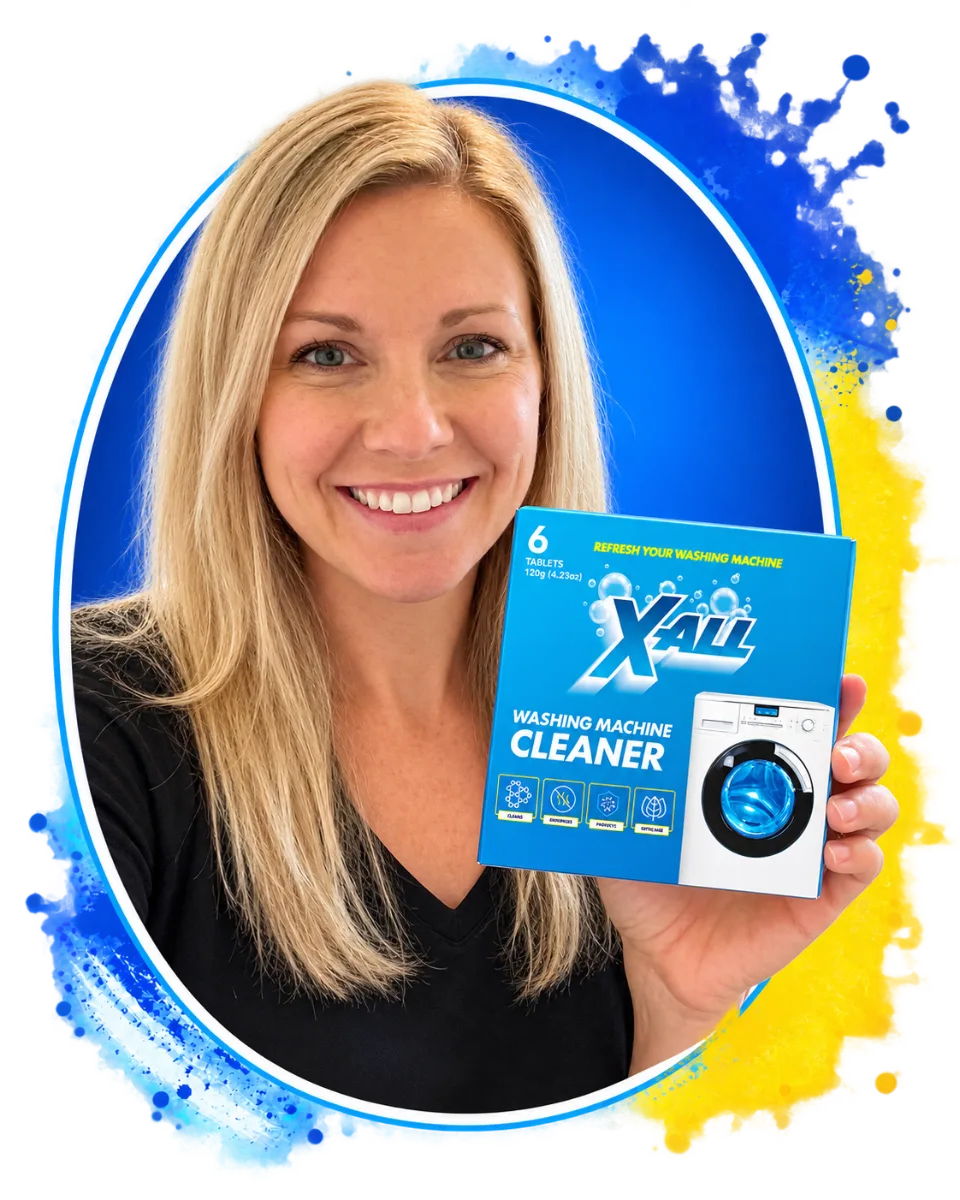 Karen holding up the X-All Washing Machine Cleaner box, 6 tablets