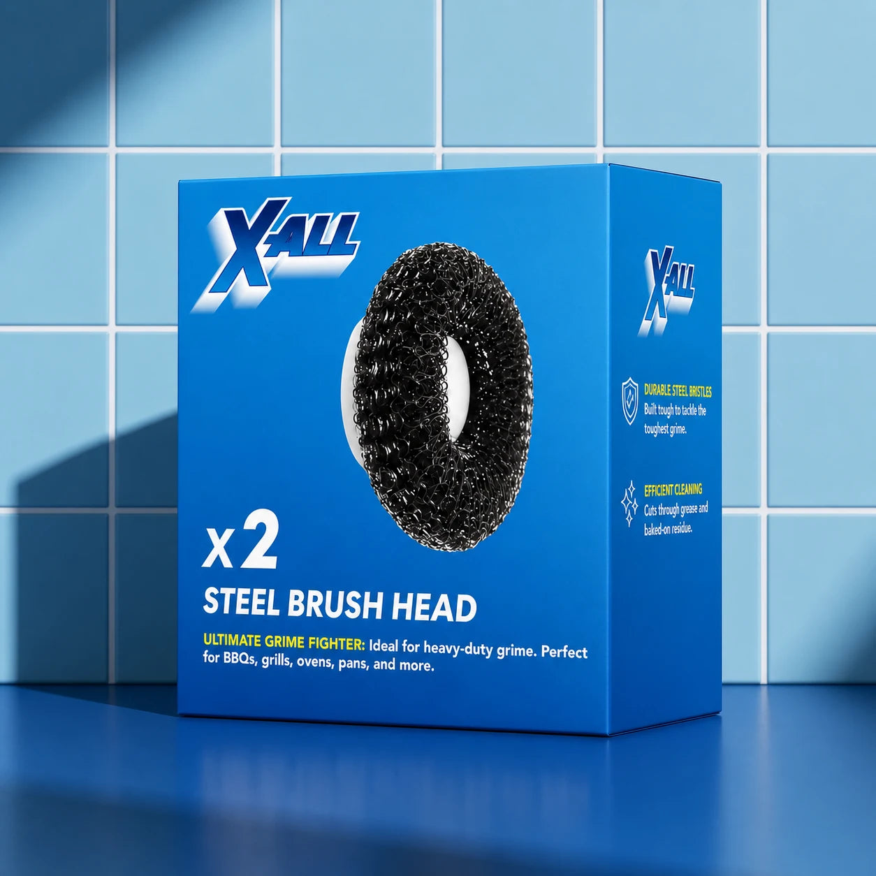X-All Steel Brush Head product image on blue tile