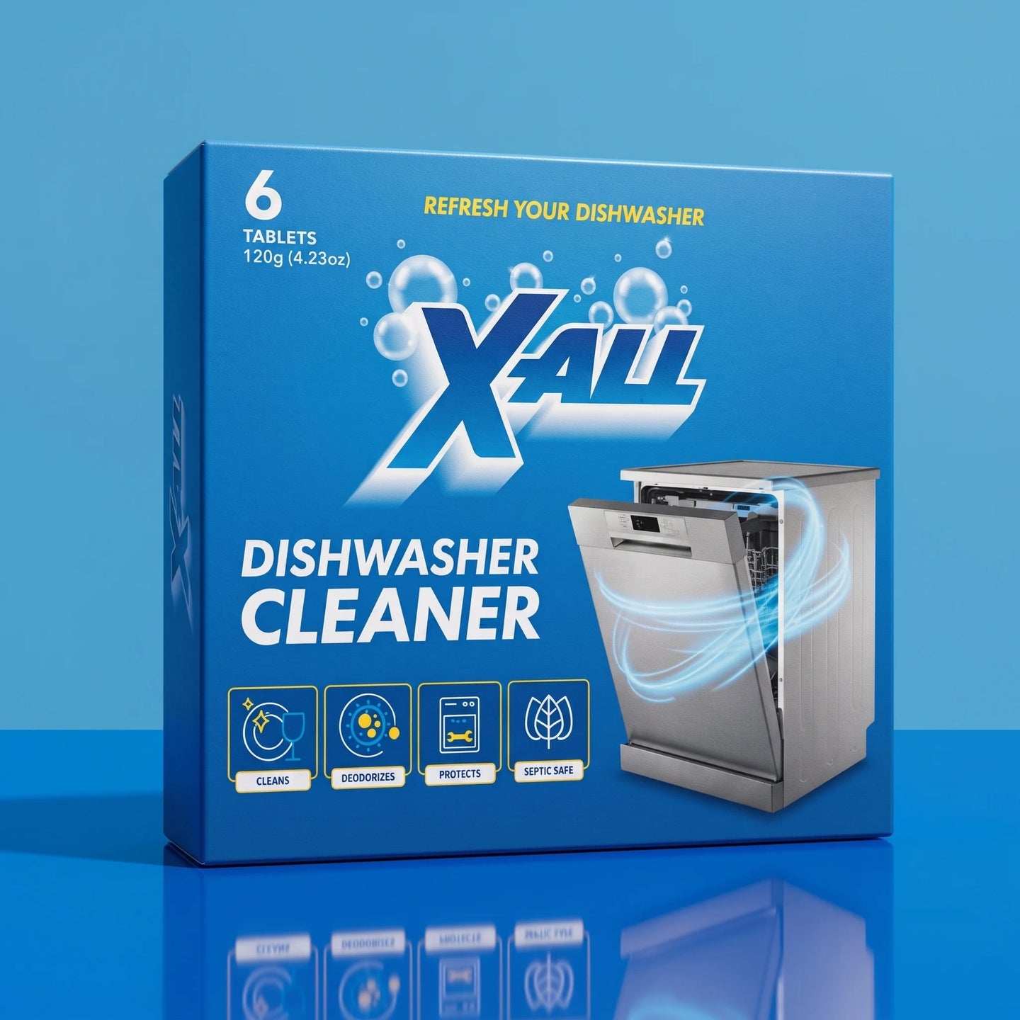 X-All Dishwasher Cleaner product image on blue tile