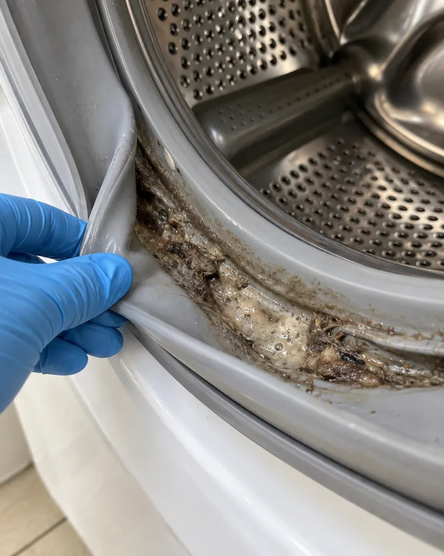 Close-up of a front-loader door seal pulled back by a gloved hand, with residue and lint trapped in its fold