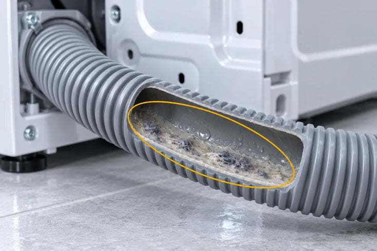 A cut-open drain hose showing the lint and film left behind by every load, circled