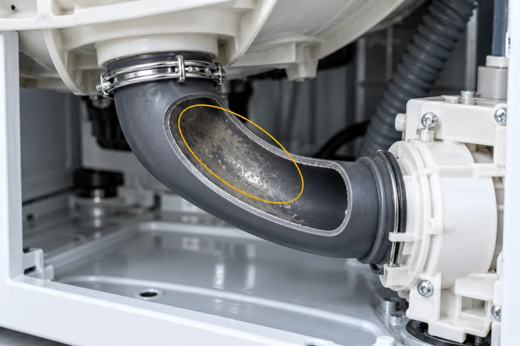 A cut-open internal pipe between the tub and the pump, its film circled