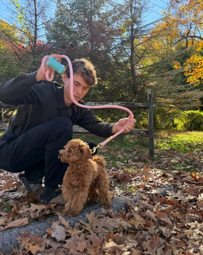 A team member crouched in the fall leaves with his red poodle puppy