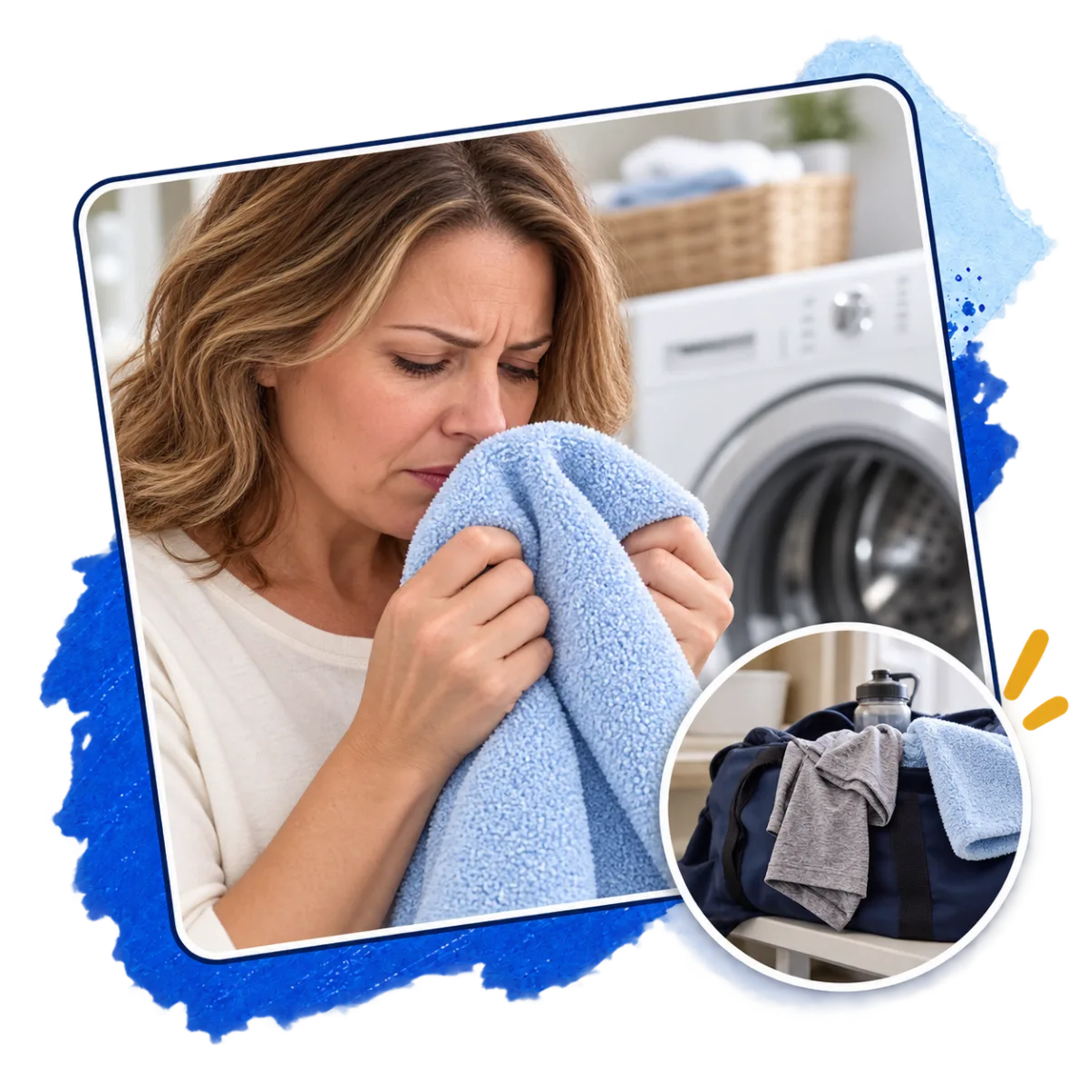 A woman frowning as she smells a freshly washed blue towel in her laundry room