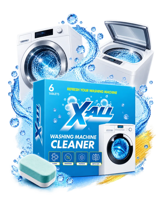 The X-All Washing Machine Cleaner box and one tablet, a front-load and a top-load washer behind them
