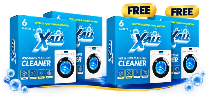 Four boxes of X-All Washing Machine Cleaner, two of them marked FREE