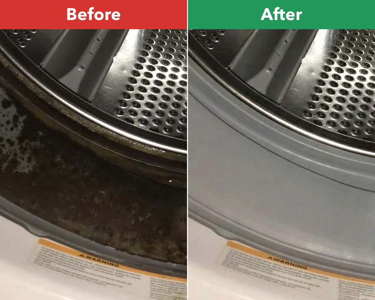 The same front-loading washer door seal side by side: dark grime along the seal on the left, labeled Before, and clean on the right, labeled After