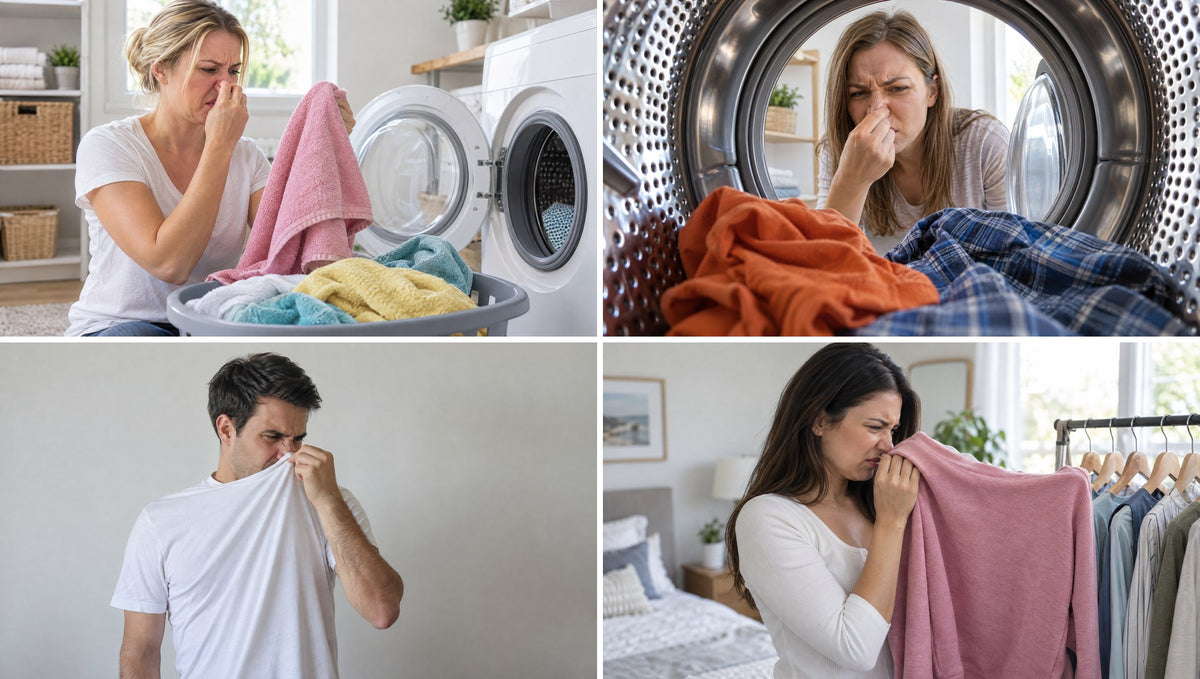 Four people grimacing and holding their noses at towels, bedding and shirts that still smell after washing