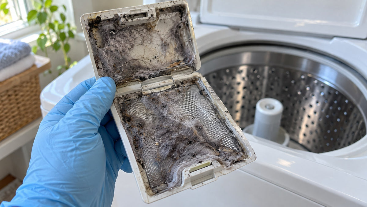 Gloved hand holding a washer filter clogged with lint and gunk