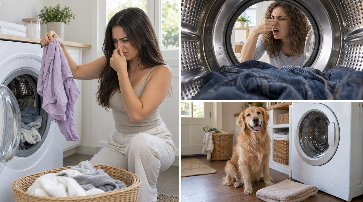 A woman holding her nose at a freshly washed shirt, a woman grimacing through the washer door, and a golden retriever sitting beside a washer