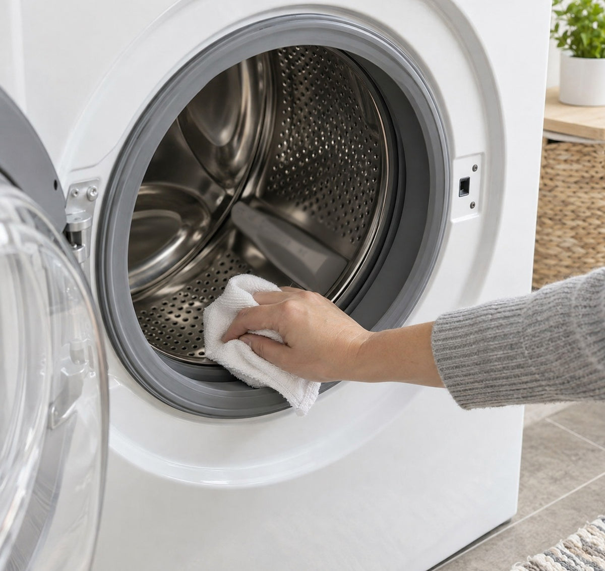 Hand wiping the door opening of a front-loading washer with a cloth