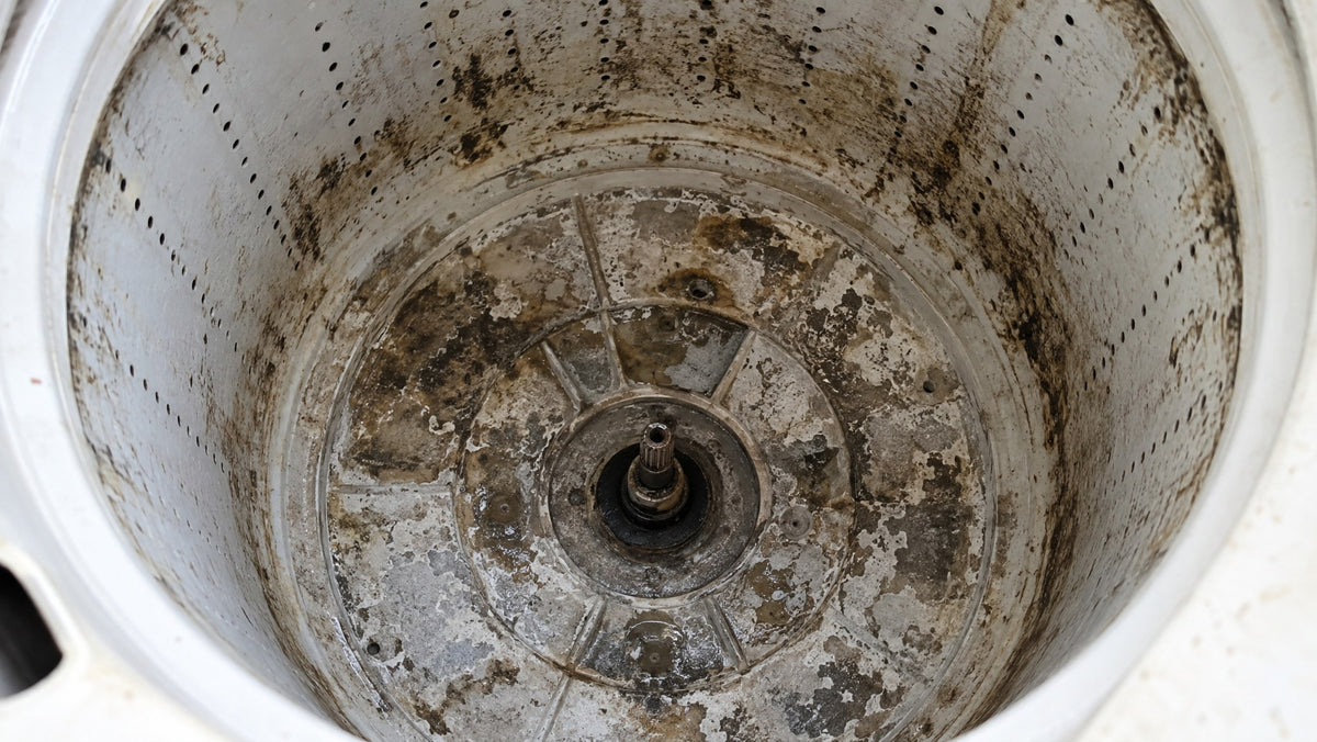 Top-down view of a top-loading washer tub with brown residue along the walls and floor