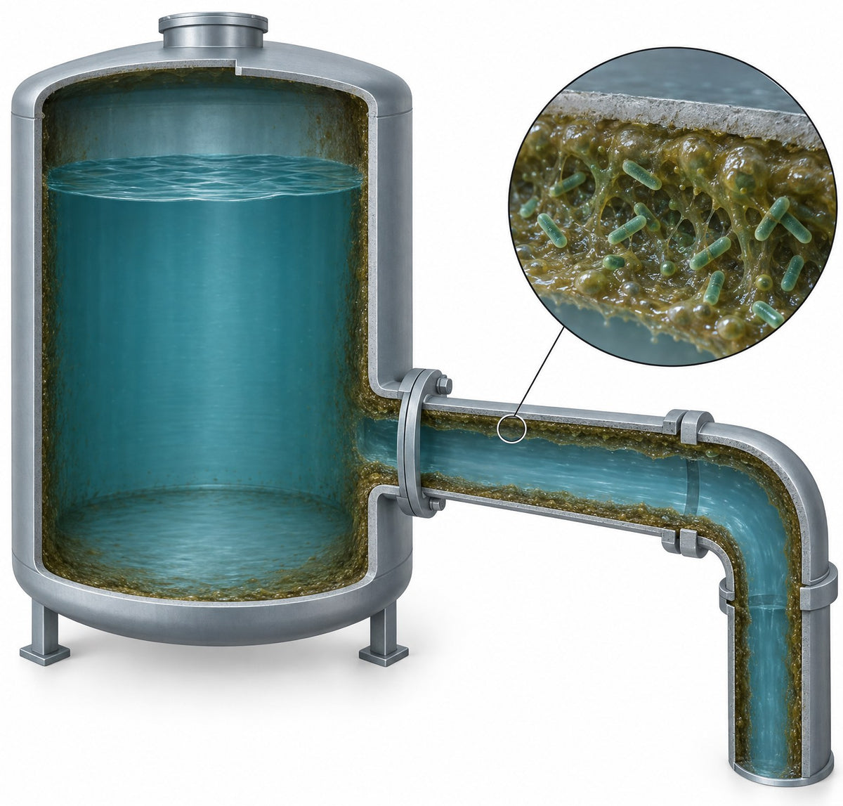 Cutaway illustration of a sealed tank and pipe with a biofilm layer on the inner walls and a magnified view of the film