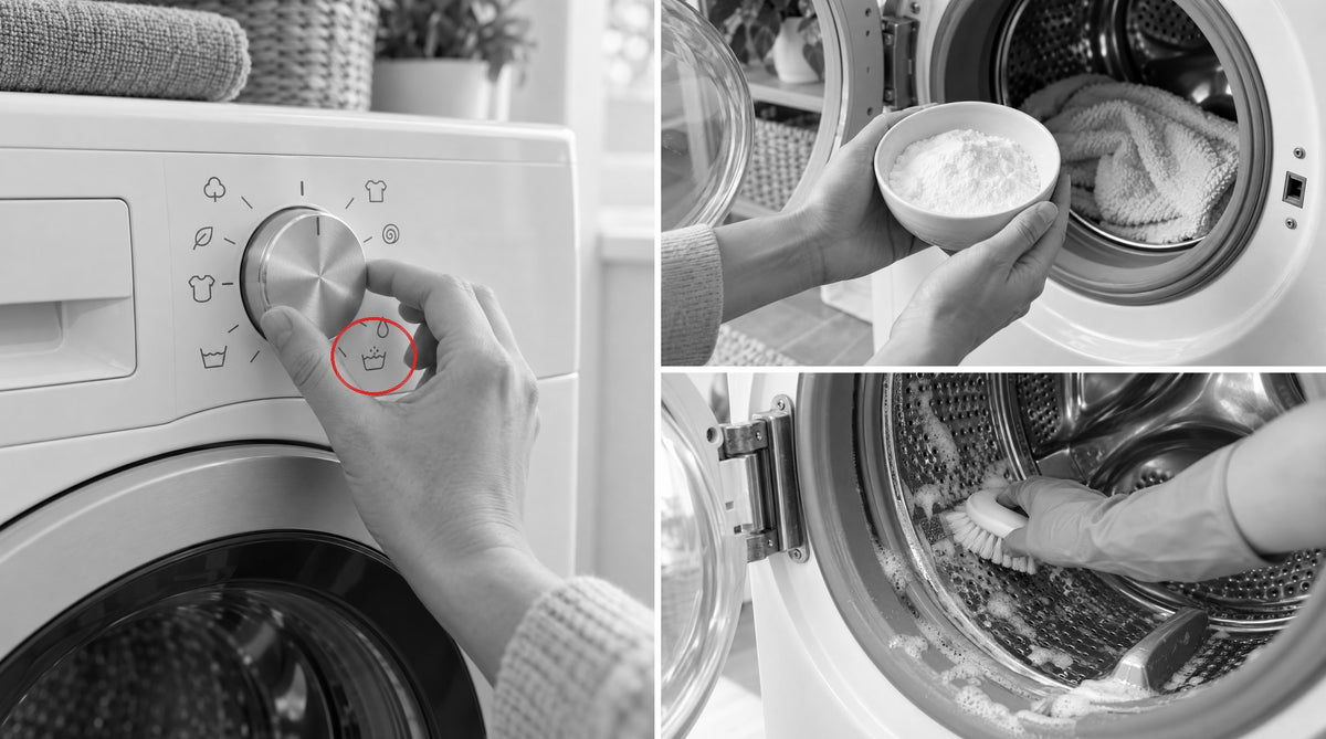 Black-and-white photos of common washer fixes: turning the dial to the self-clean setting, a bowl of baking soda, and a brush scrubbing the drum