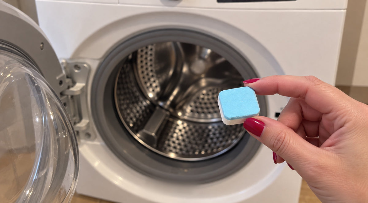 Hand holding a light blue and white X-All tablet in front of an open front-loading washer