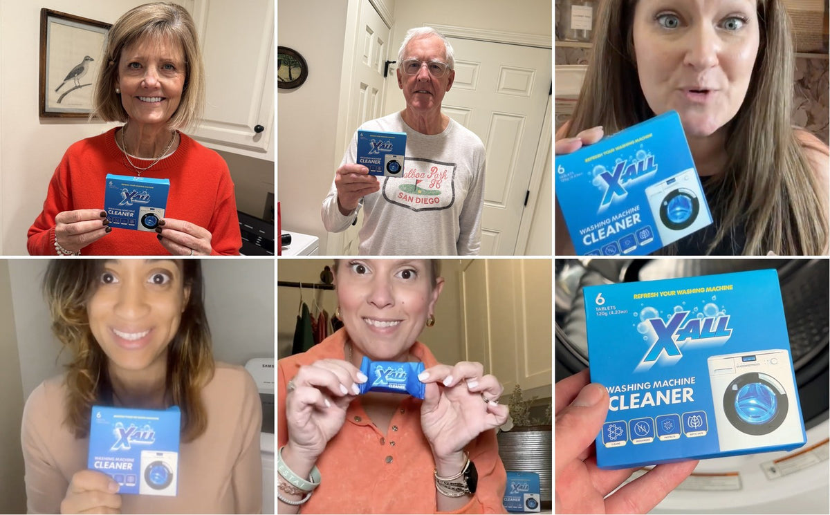 Six photos of people smiling and holding up X-All Washing Machine Cleaner boxes and tablets, plus a close-up of a box in hand