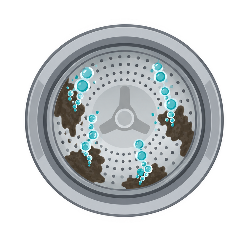 Illustration of a washer drum with dark patches on the walls and oxygen bubbles rising from them