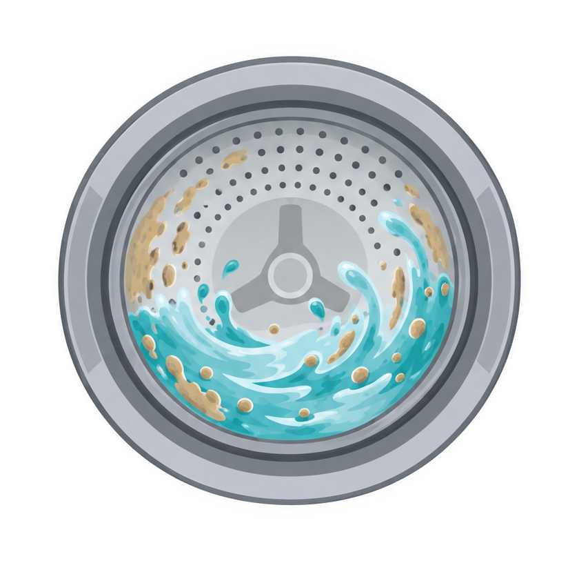 Illustration of water swirling in a washer drum, breaking residue streaks into droplets