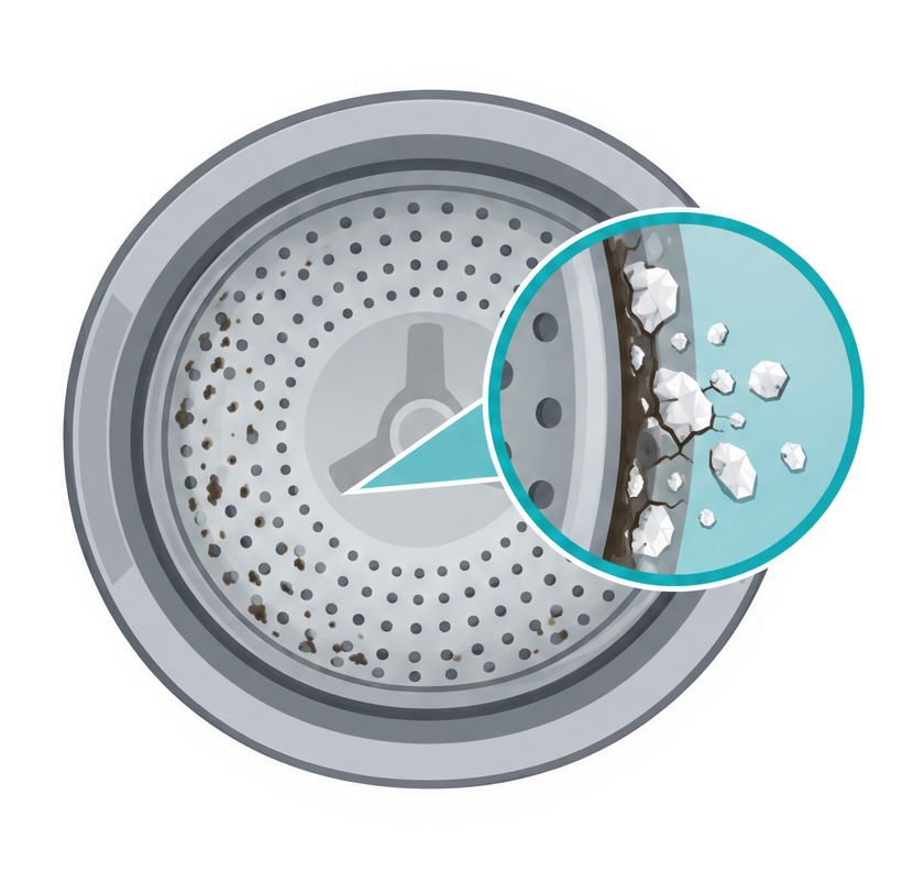 Illustration of a washer drum with a magnified view of white mineral crystals cracking off a dark film