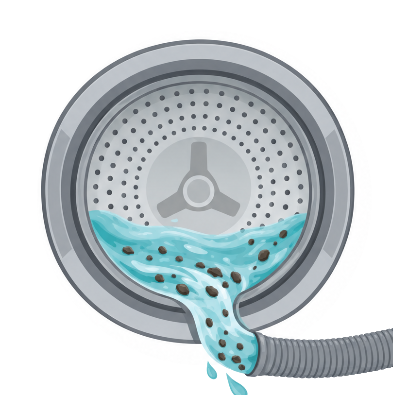 Illustration of water and loosened debris flowing out of a washer through the drain hose