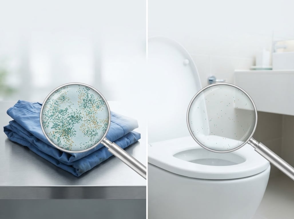 Magnifying glasses over a folded set of scrubs and a toilet seat