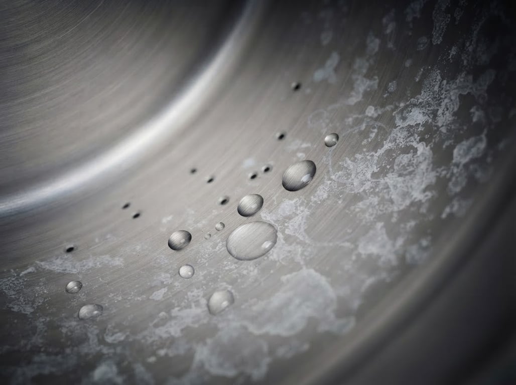 Water droplets drying on a steel drum surface and leaving white mineral spots