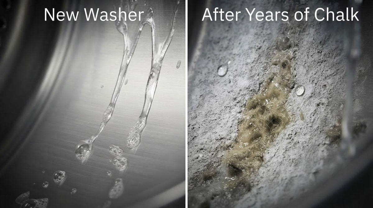 Side by side: water sliding off a smooth new drum, and gunk caught in rough chalk, labeled New Washer and After Years of Chalk